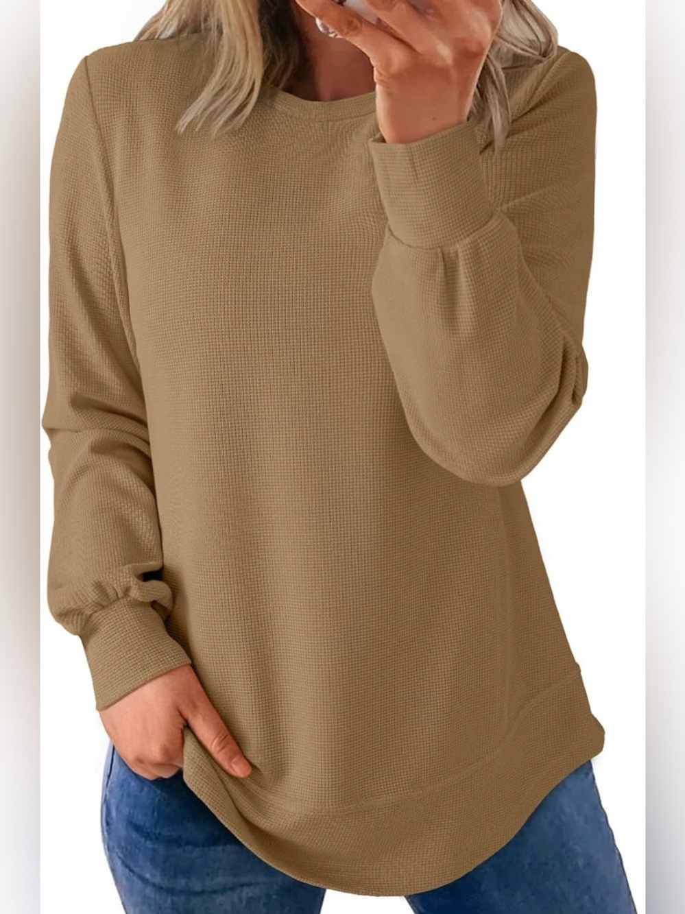 Dokotoo Women’s Waffle Knit Long Sleeve Tunic Top in Camel - Medium